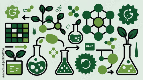 Green science and biotechnology icons: plants, molecules, flasks, gears, and charts, science icon