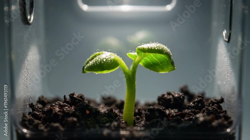 A small green sprout emerges from the soil in a clear plastic container, symbolizing growth and new beginnings.