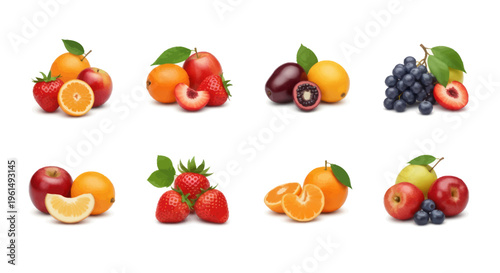 Assorted fresh fruit compositions featuring apples, strawberries, oranges, grapes, and exotic fruits on white background, perfect for healthy food projects