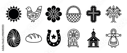 Collection of traditional black and white folk art icons, featuring symbols of nature, religion, and daily life from Eastern European culture, rendered in a clean, graphic, and illustrative style