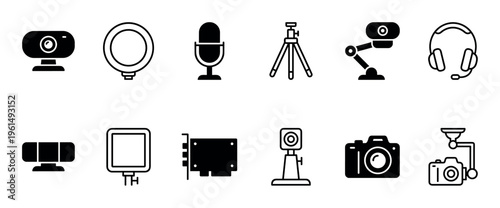 Comprehensive collection of black and white icons representing various streaming, recording, and multimedia equipment for digital content creation