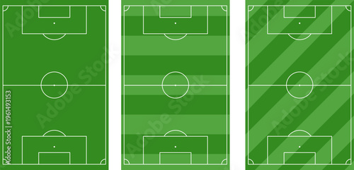 Professional football field aerial view diagrams with patterns, soccer pitch layout templates for sports planning, green grass turf texture with tactical markings