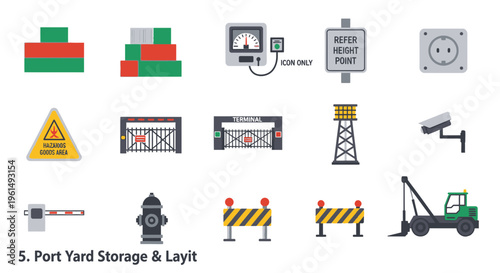 Industrial port yard storage icons set.