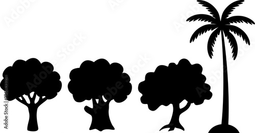 Silhouette collection of various tree species and forms, deciduous and tropical palm tree profiles, nature environmental icons for landscape architecture