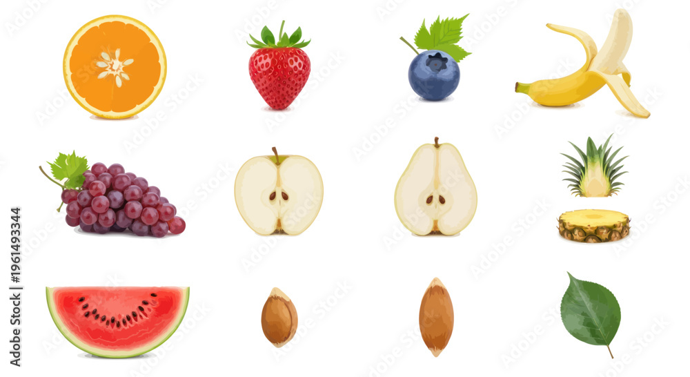 Fototapeta premium Illustration of various fresh fruits including orange, strawberry, blueberry, banana, grapes, apple, pear, pineapple, watermelon, nuts, and leaf on white background for healthy food design