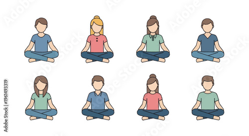Group of diverse people meditating in lotus position flat vector icons set for yoga, mindfulness and relaxation concepts