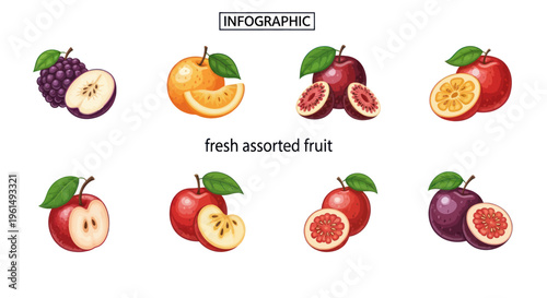Fresh assorted tropical fruit infographic with colorful whole and sliced exotic fruits, perfect for health, nutrition, and food content