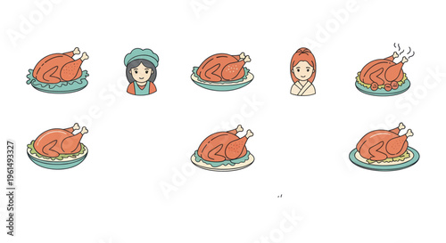Hand drawn roasted turkey illustrations with female chef and woman characters, perfect for cooking, food blogs, holiday menus and recipe books
