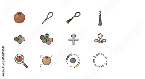Handmade wooden beads and rosary components illustration set with religious symbols and crafting elements for jewelry making designs