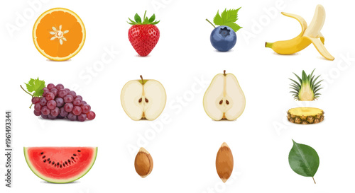 Illustration of various fresh fruits including orange, strawberry, blueberry, banana, grapes, apple, pear, pineapple, watermelon, nuts, and leaf on white background for healthy food design
