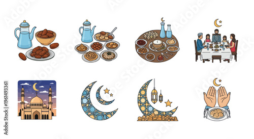 Ramadan iftar food and family celebration with crescent moon and mosque icons, traditional Islamic fasting meal illustrations