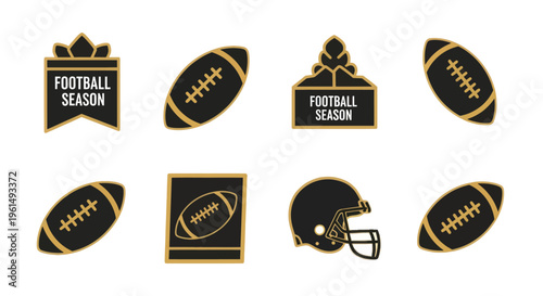 Set of American football icons and badges with football season text and helmet design, perfect for sports branding and promotional materials