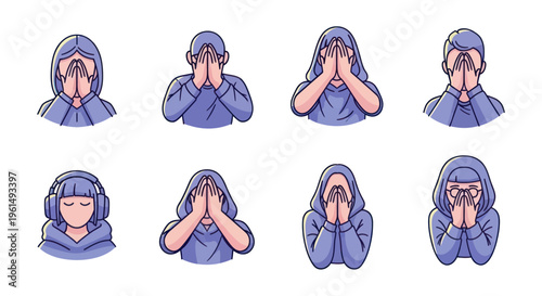 Set of diverse cartoon people covering their faces with hands, expressions of shyness or embarrassment, flat style vector avatars for social media or emotional content