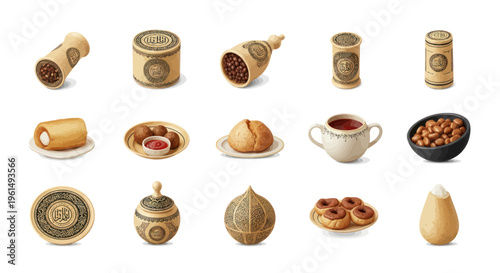 Traditional Middle Eastern spices, sweets, and tea utensils collection, perfect for culinary and cultural design projects