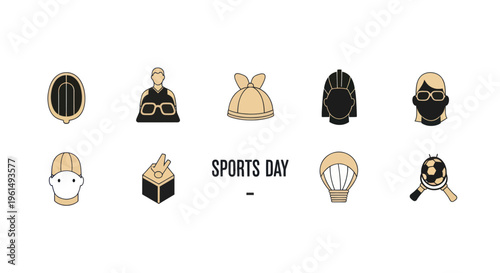 Sports day icons set including athletes, gear, medal, and ball for sports event, team activities, and athletic competition designs