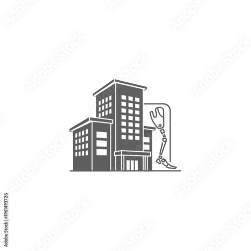 Modern healthcare facility exterior illustration with robotic arm on the side