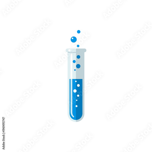 Minimalist vector illustration of a test tube with effervescent blue liquid, symbolizing scientific research, analytical experiments, and composition study