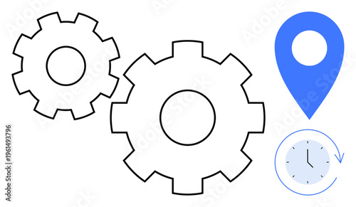 Workflow automation, timely operation, navigation, business optimization, logistics, process management. Two gears with a blue map pin and a clock icon. Workflow automation and timely operation