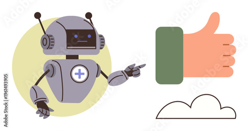 Artificial intelligence, robotics, healthcare, approval, teamwork, communication. Robot with medical cross symbol gesturing toward a hand showing thumbs up. AI in healthcare and approval concepts