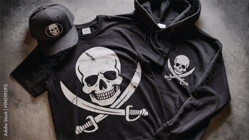 Skull and crossbones pirate flag design on black t-shirt and baseball cap. dark gothic apparel concept with t shirt