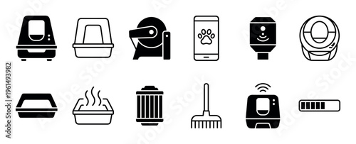 Set of black pet care icons representing smart litter boxes, cameras, and hygiene accessories for modern feline care, designed in a minimalist glyph and line art style