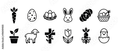 Collection of black and white Easter and spring icons, featuring a bunny, lamb, eggs, carrots, cross, tulip, hot cross bun, and chick, presented in a clean, illustrative style