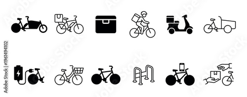 Collection of black minimalist icons representing bicycle delivery services, urban mobility, and cycling equipment including cargo bikes, e-bikes, scooters, and charging stations