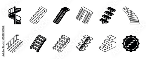Set of various black and white stair icons in a minimalist isometric style showing different types of architectural steps like spiral, straight, and curved flights