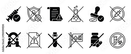 Comprehensive set of medical and safety icons is displayed in a grid, featuring symbols for approved vaccinations, prohibited research, and various health regulations in a clean, graphic style