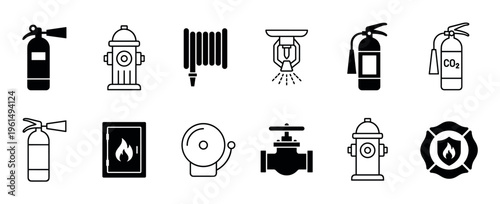Set of black fire safety icons showing various firefighting equipment like extinguishers, hydrants, and alarms in a minimalist line art and glyph style for emergency preparedness