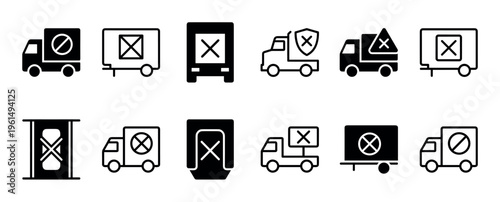 Collection of black glyph icons representing delivery failure, shipping cancellation, and rejected packages with truck and cargo symbols showing an X mark or denied sign in a minimalist vector style