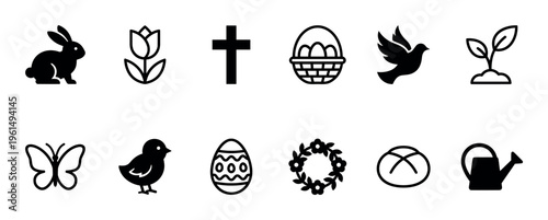 Collection of twelve black Easter icons including a bunny, cross, egg, and chick, representing spring, religion, and new life in a minimalist graphic silhouette style