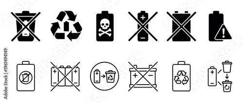 Collection of black battery disposal icons showing recycling, hazardous waste, and safety symbols for proper handling and environmental protection in a minimalist vector style