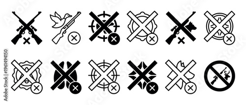 Collection of black no hunting icons showing prohibited animal shooting with crossed rifles, deer, and birds in a minimalist vector glyph style for warning signs and regulations
