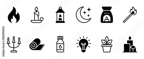 Set of black minimalist icons representing light, fire, and relaxation with symbols for aromatherapy and spa themes like a candle, lantern, moon, and essential oil bottle