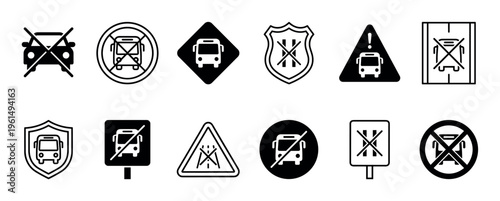 Collection of black and white traffic sign icons showing vehicle prohibitions and warnings for cars and buses in various shapes like circles, triangles, and shields