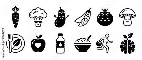 Collection of healthy food and lifestyle icons featuring cute kawaii vegetables, fruit, water, and symbols for exercise and mental well-being in a minimalist glyph style