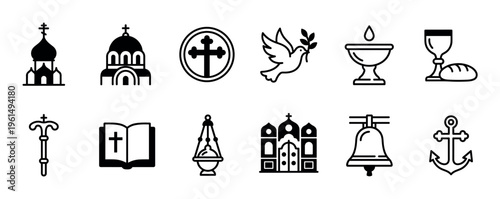 Set of black Orthodox Christian icons representing faith symbols like a church, cross, dove, bible, and chalice in a minimalist line art glyph style for religious concepts