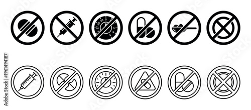 Collection of black prohibition icons showing banned substances and doping for sports, including pills, syringes, and capsules in a minimalist graphic vector style