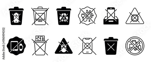 Collection of black and white electronic waste icons illustrating proper disposal and prohibition of various devices and components, presented in a clear, informative grid