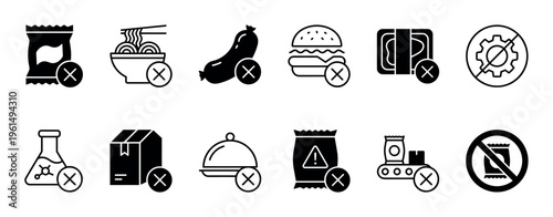 Black and white icon set illustrating food safety warnings, production halts, and product rejection using simple minimalist glyphs with cross and prohibition signs