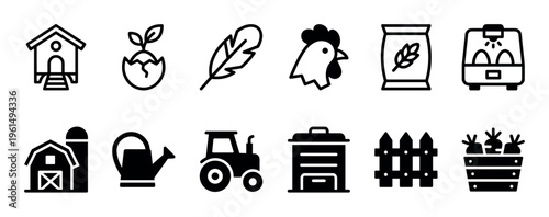 Set of twelve black farm and agriculture icons in a minimalist glyph and line art style, including a barn, tractor, chicken, incubator, and watering can