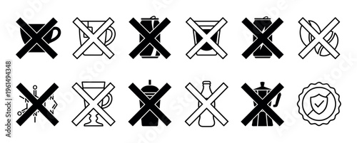 Set of black and white caffeine-free icons illustrates beverage restrictions with minimalist symbols, including a crossed-out coffee cup, can, bottle, and caffeine molecule