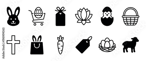 Collection of black Easter holiday icons featuring a bunny, egg, cross, lamb, basket, and chick for spring celebrations and shopping promotions in a clean minimalist glyph style