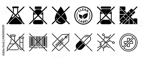 Set of black and white icons representing free from claims like no chemicals, additives, or preservatives, illustrating clean label product packaging concepts