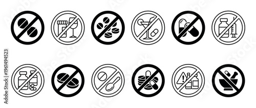 Collection of black and white prohibition icons showing forbidden substances like pills, alcohol, and medicine in a minimalist vector graphic style for medical warnings and restrictions