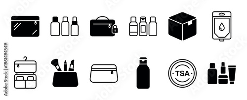 Collection of black travel and toiletry icons representing airport security rules for carry-on luggage, including small bottles, cosmetic bags, and a security approved seal