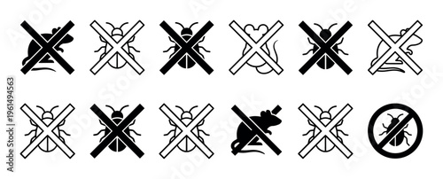 Collection of black pest control icons showing crossed out rats and insects for prohibition and extermination concepts, presented in both solid and outline graphic styles