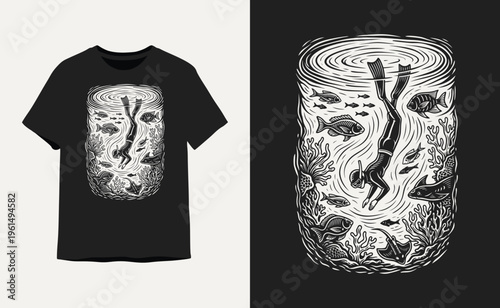 Linocut Style Diver Swimming Underwater T-Shirt Illustration