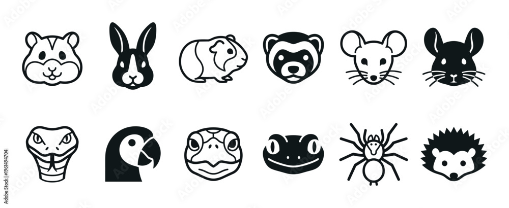 Fototapeta premium Collection of twelve black pet animal icons including rodents, reptiles, and exotic pets like a ferret, tarantula, and snake in a clean, minimalist line art and silhouette style